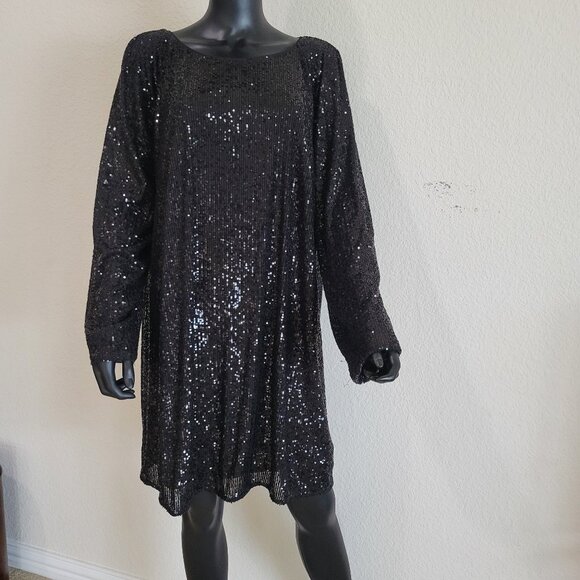 H&M Black Sequine Size XXL Holiday/ NYE / Coctail/ Formal Long Sleeve Dress - Picture 1 of 11